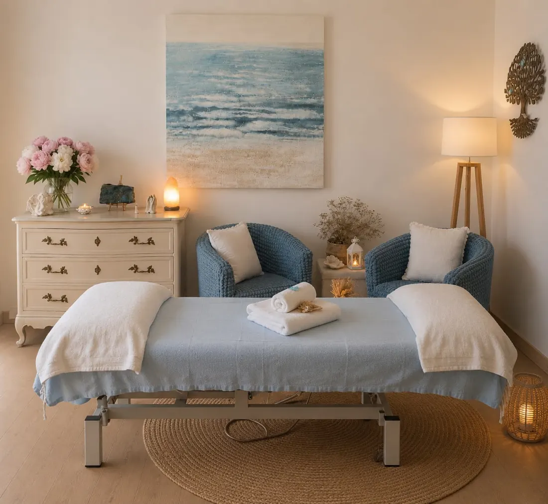 Table de massage installée pour une séance à domicile